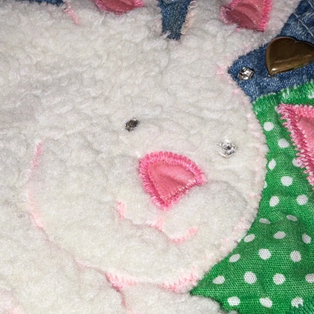 Vintage Osh Kosh Bgosh Custom Denim Bunny Overalls Hearts Rhinestones Blue Pink